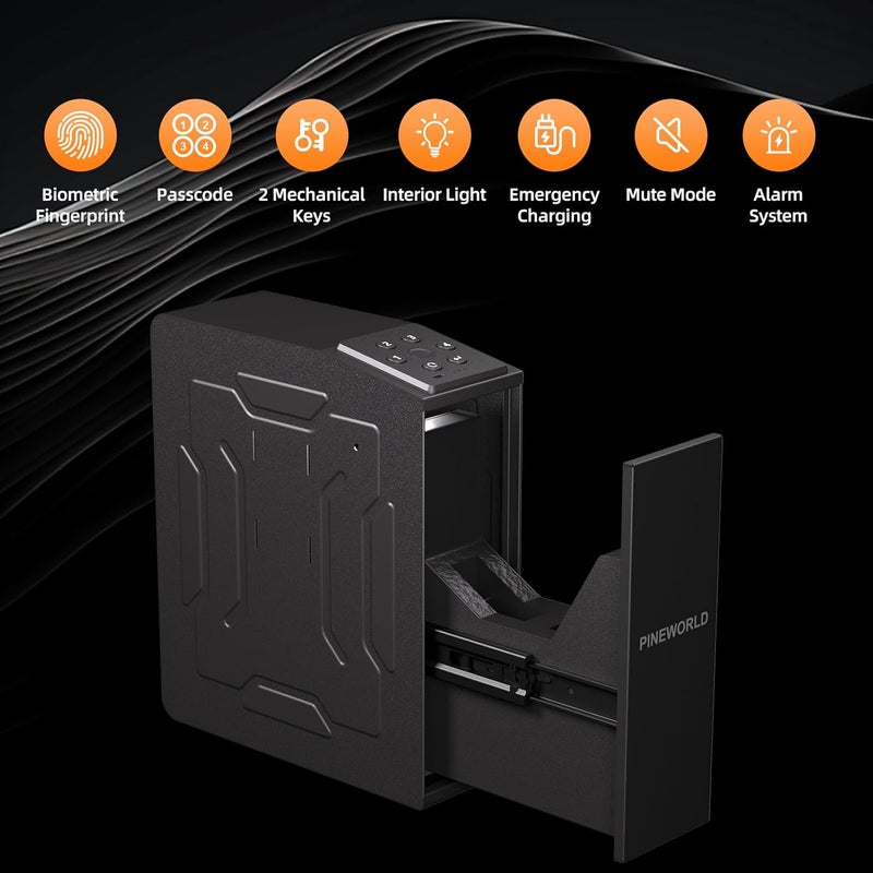 PINEWORLD Gun Safe For Handgun, Biometric Slider Bedside Handgun Safe, Pistol Lock Case for Nightstand,Sliding Door Hand Gun Safe for Pistol -with 3 Quick Access Fingerprint, PIN Code, KEY - Image 3